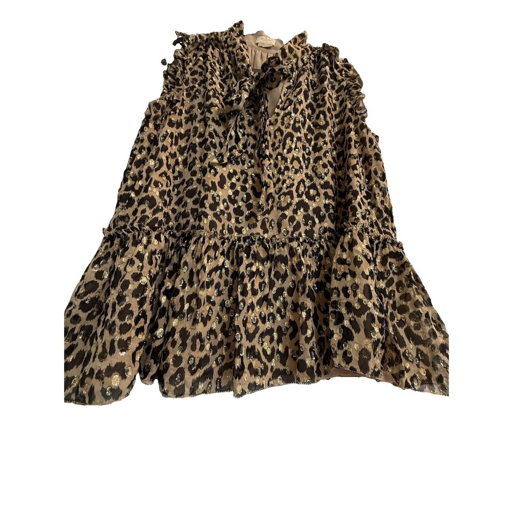 Kate Spade Metallic Leopard Clip Dot Peplum Blouse Silk Bow Tie Tank Top L - Picture 4 of 15